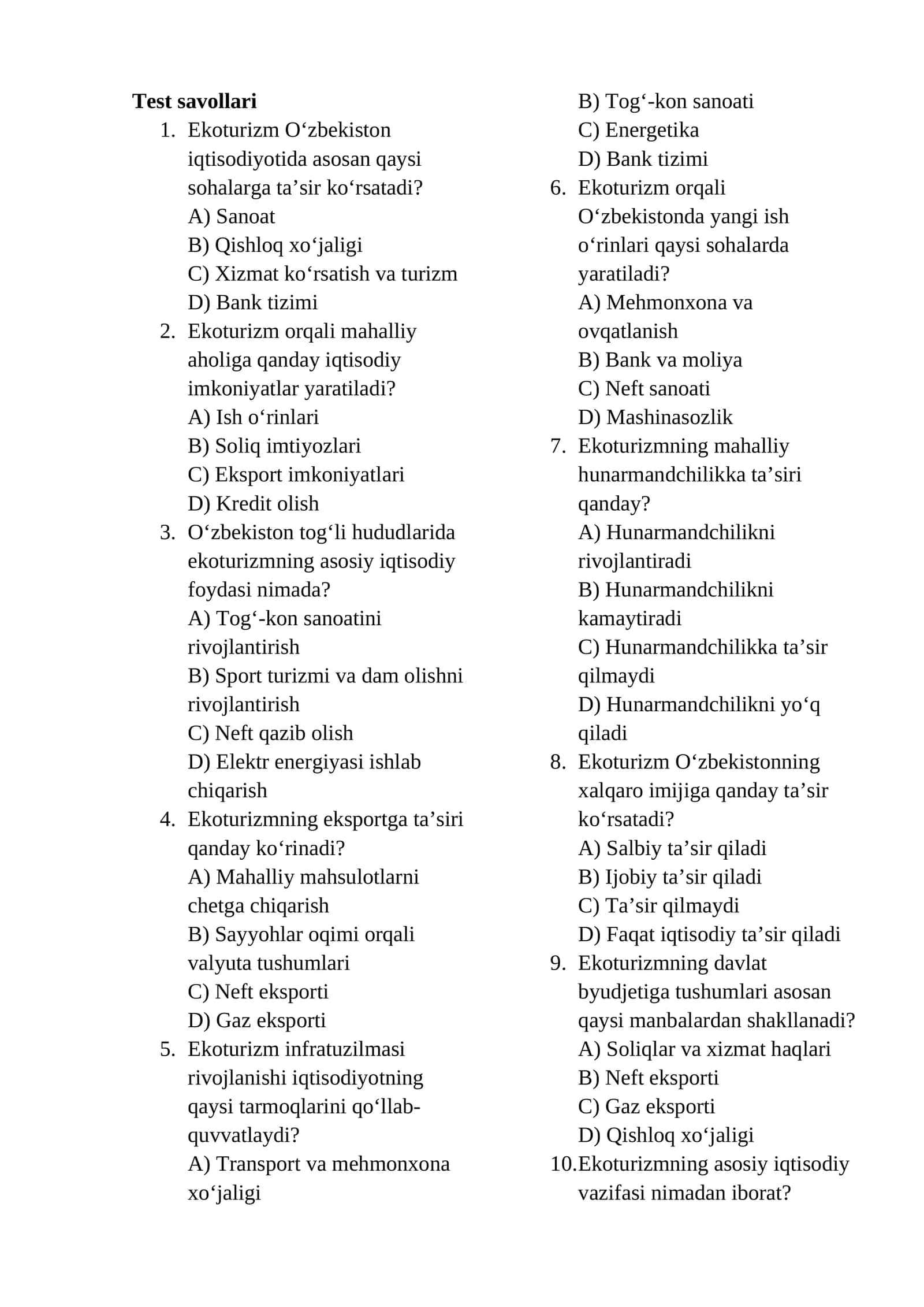 Ekoturizmning iqtisodiyotga ta'siri Test Savollari
