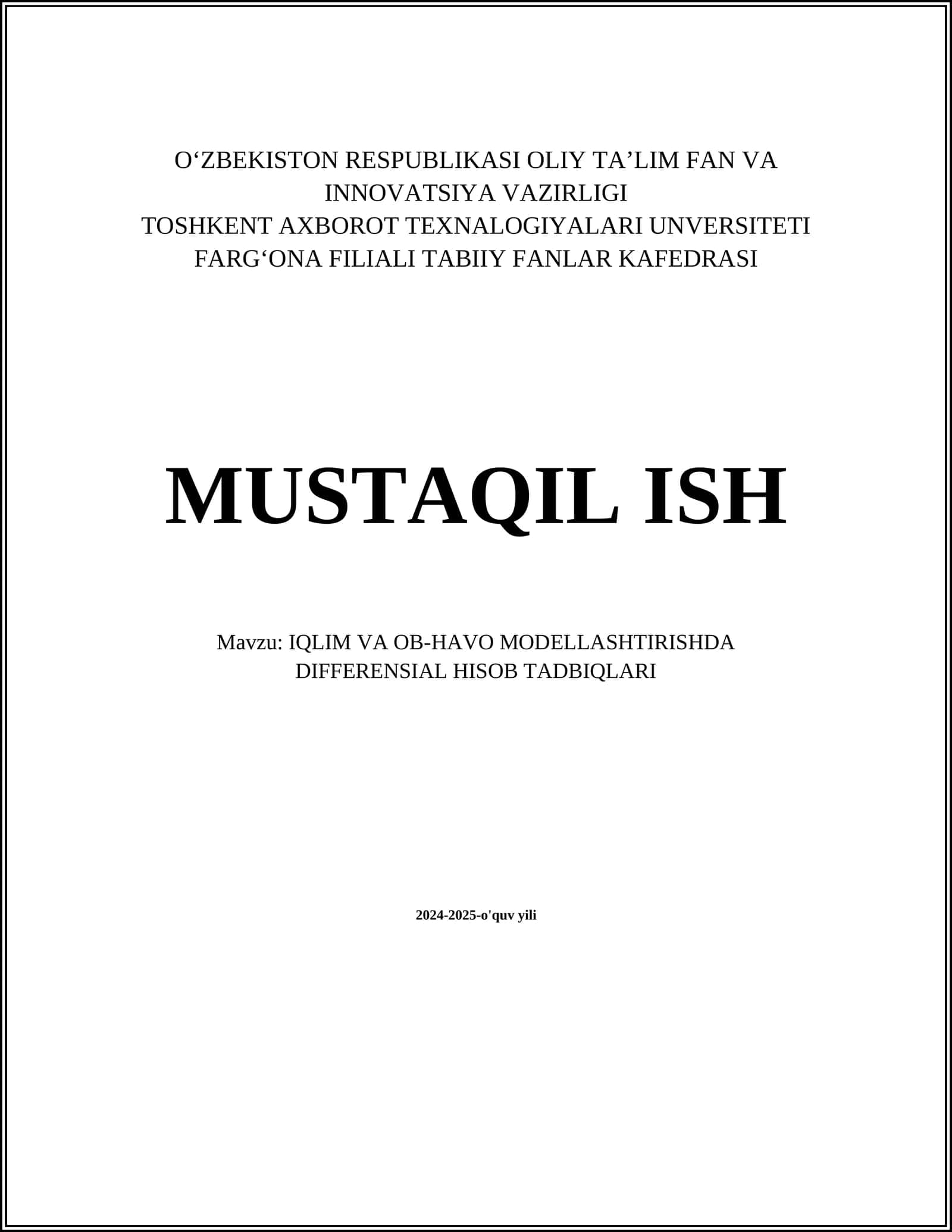 IQLIM VA OB-HAVO MODELLASHTIRISHDA DIFFERENSIAL HISOB TADBIQLARI