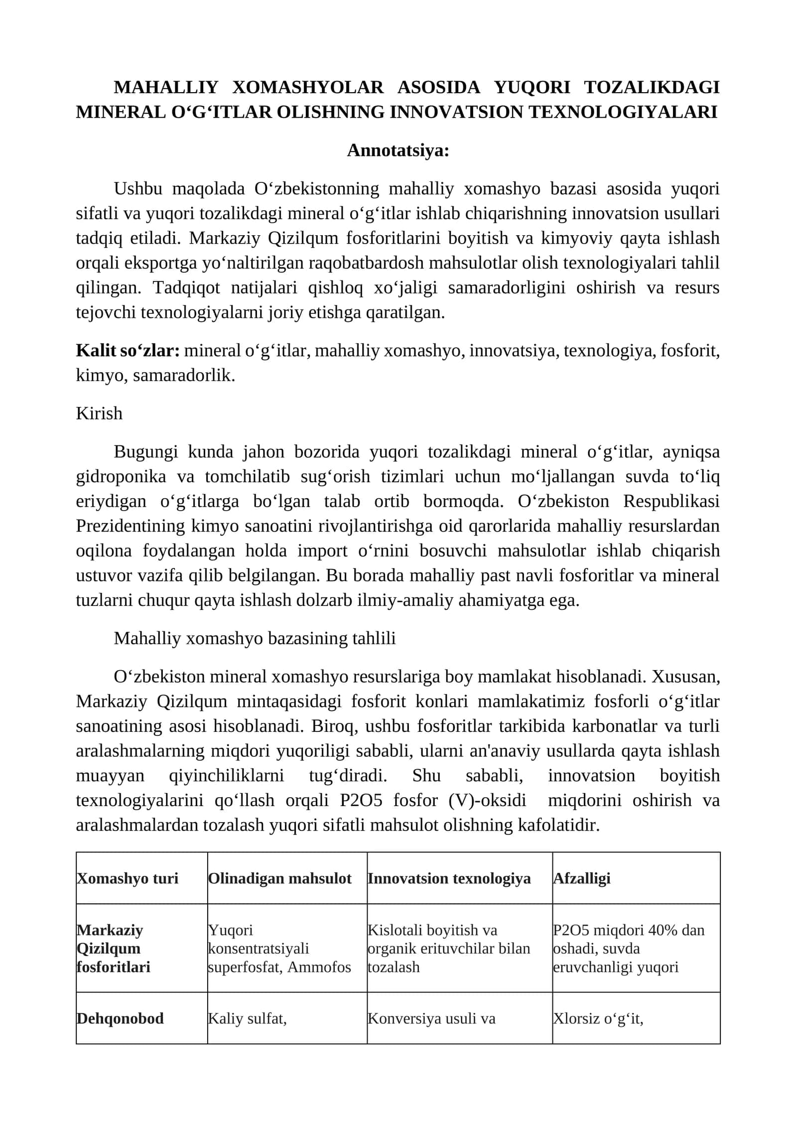 MAhallIY XOMASHYOLAR ASOSIDA YUQORI TOZALIKDAGI MINERAL O‘G‘ITLAR OLISHNING INNOVATSION TEXNOLOGIYALARI