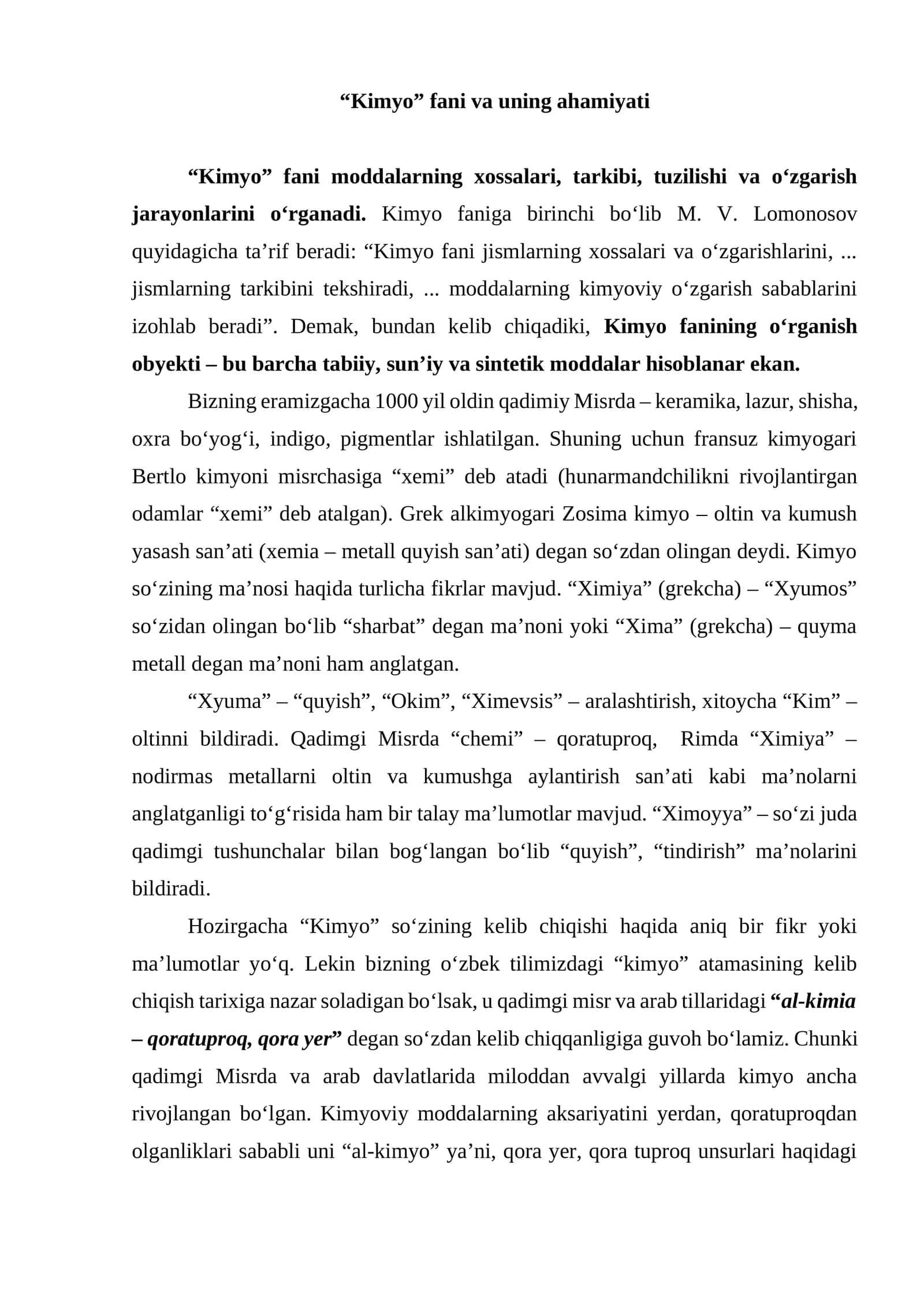 Kimyo fani va uning ahamiyati