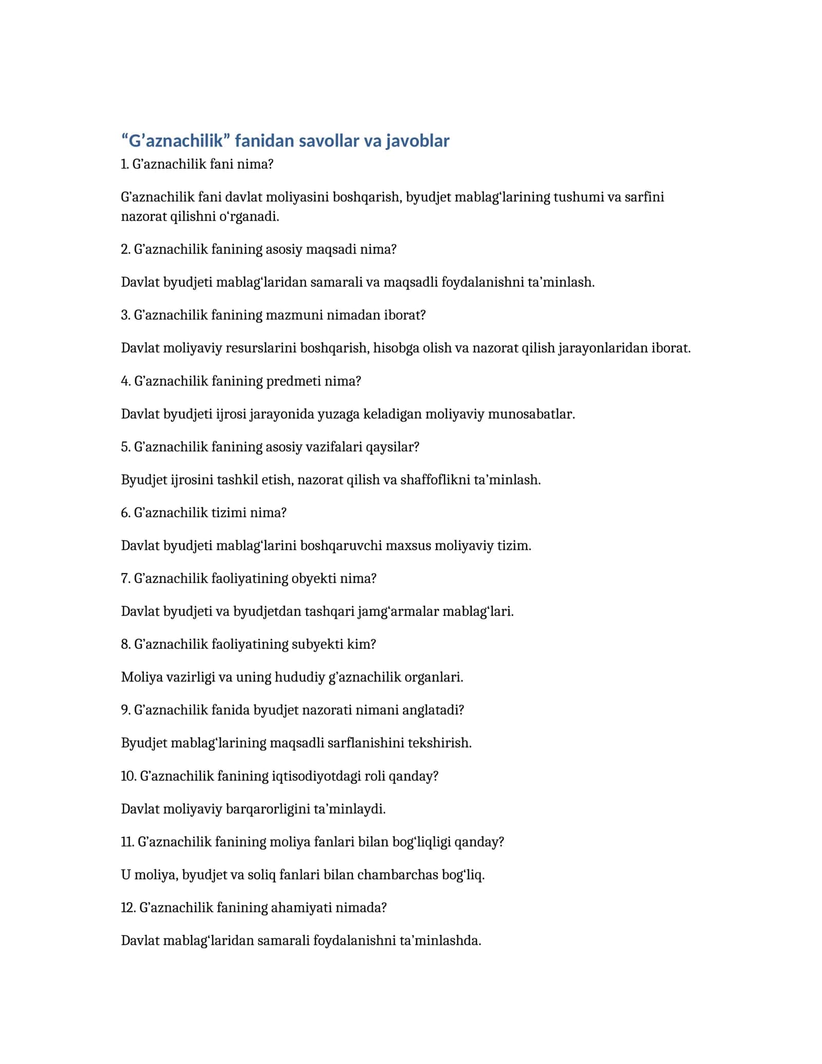 G’aznachilik fanidan savollar va javoblar