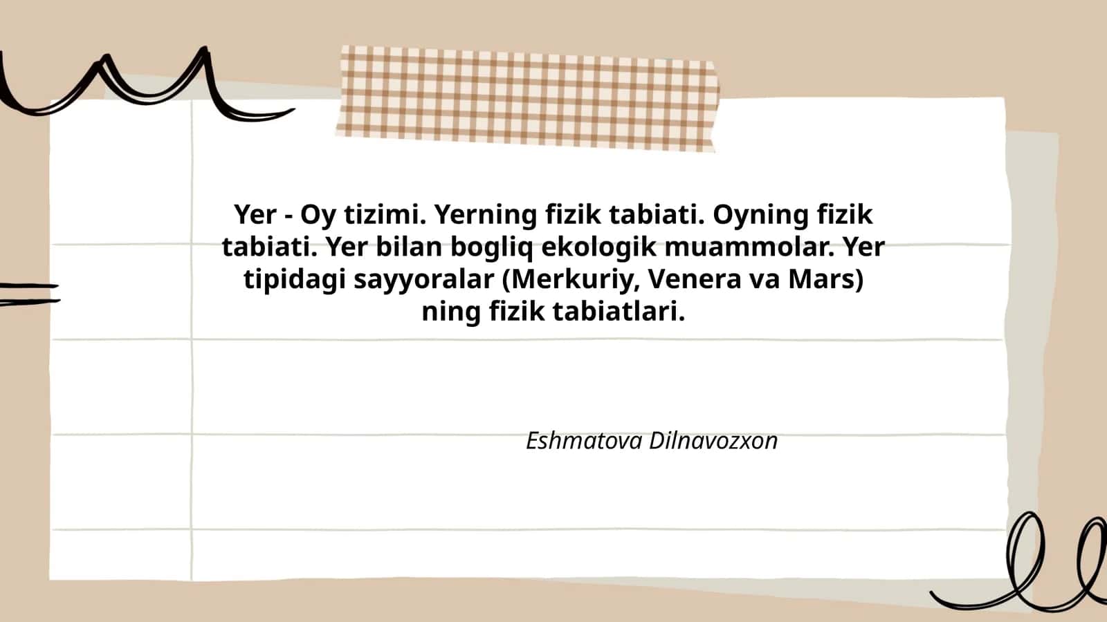 Yer - Oy tizimi. Yerning fizik tabiati. Oyning fizik tabiati. Yer bilan bogliq ekologik muammolar