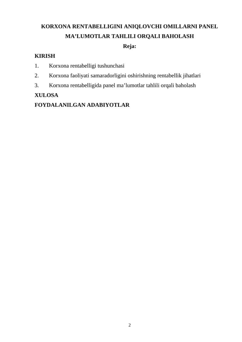 KORXONA RENTABELLIGINI ANIQLOVCHI OMILLARNI PANEL MA’LUMOTLAR TAHLILI ORQALI BAHOLASH