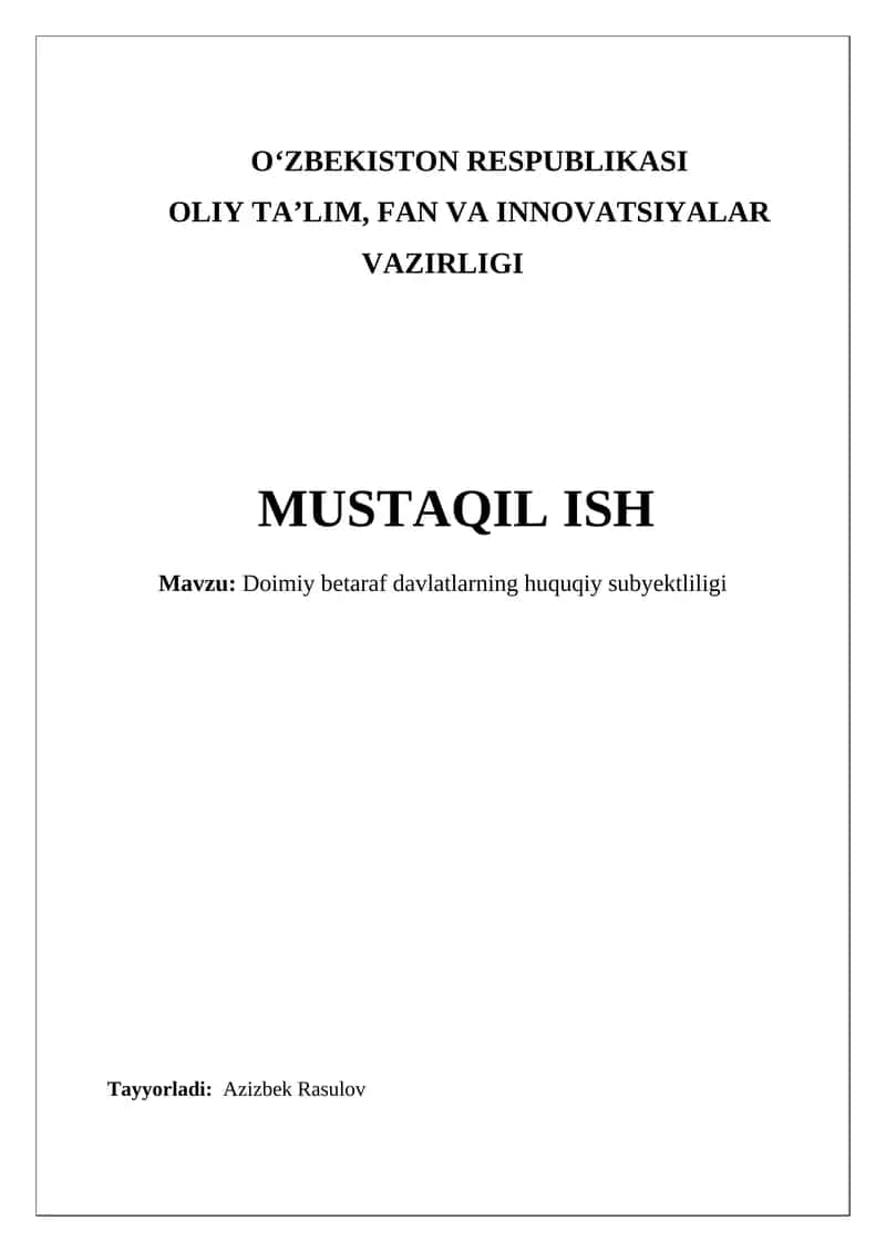 Doimiy Betaraf Davlatlarning Huquqiy Subyektliligi