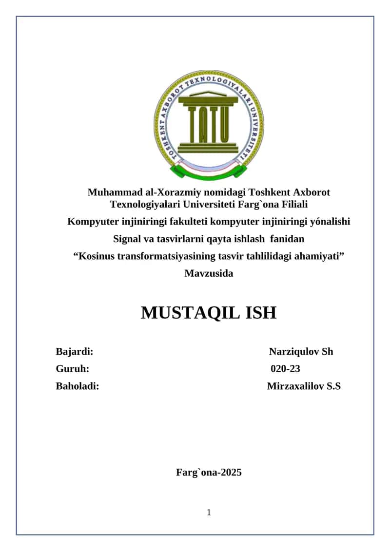 “Kosinus transformatsiyasining tasvir tahlilidagi ahamiyati”
