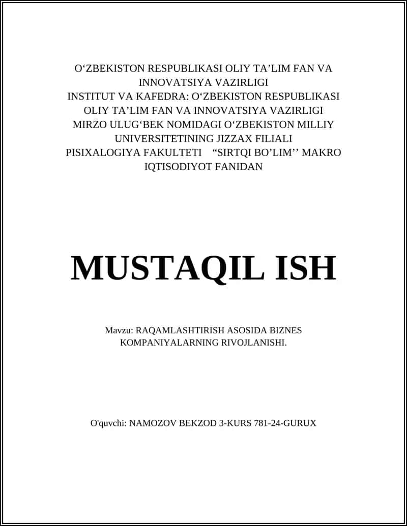 RAQAMLASHTIRISH ASOSIDA BIZNES KOMPANIYALARNING RIVOJLANISHI