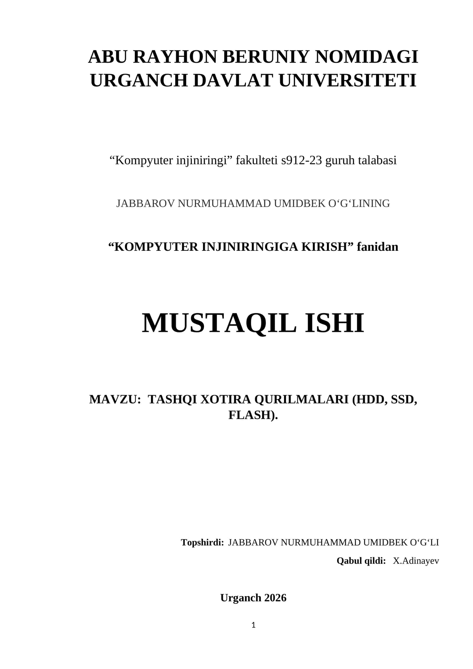 Tashqi Xotira Qurilmalari (HDD, SSD, Flash)