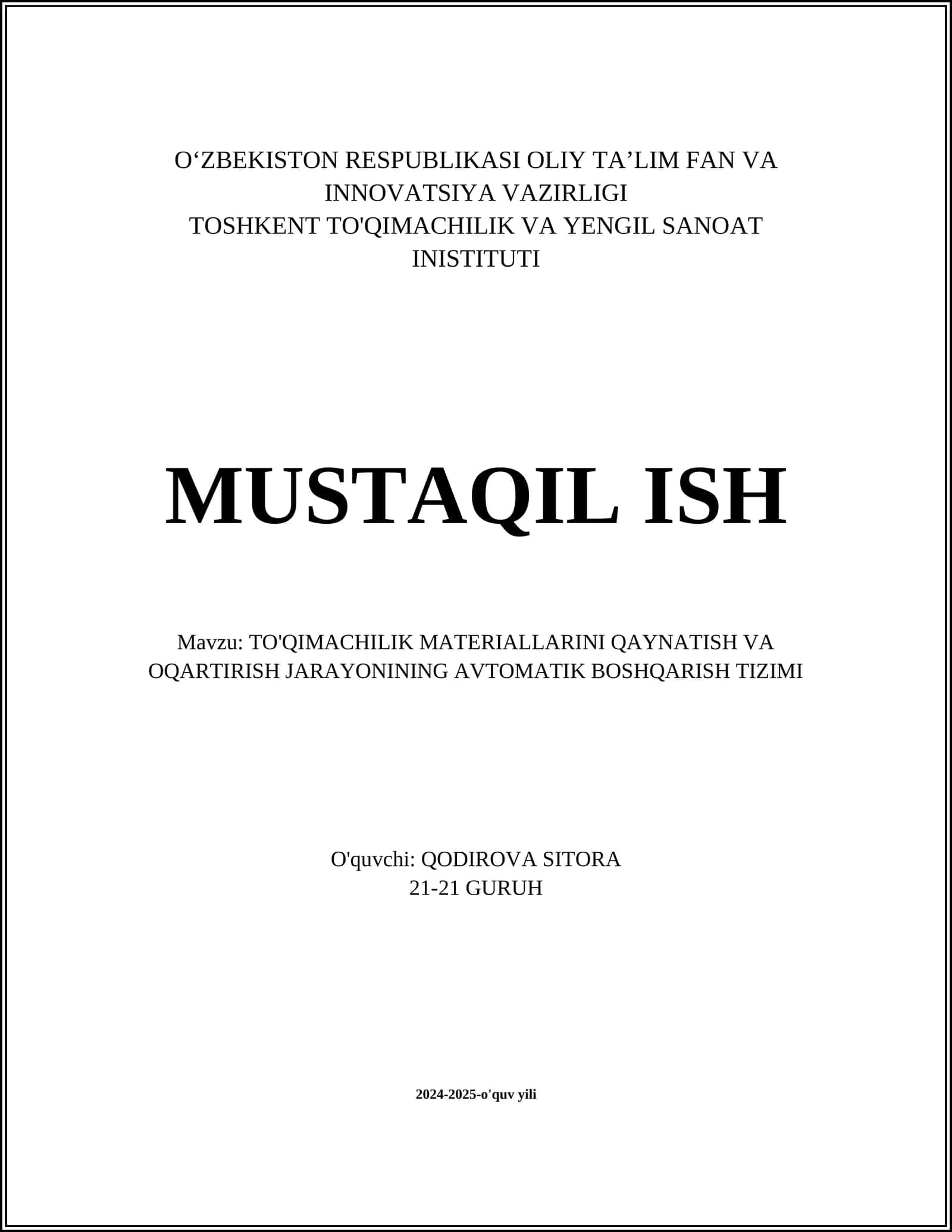 TO'QIMACHILIK MATERIALLARINI QAYNATISH VA OQARTIRISH JARAYONINING AVTOMATIK BOSHQARISH TIZIMI