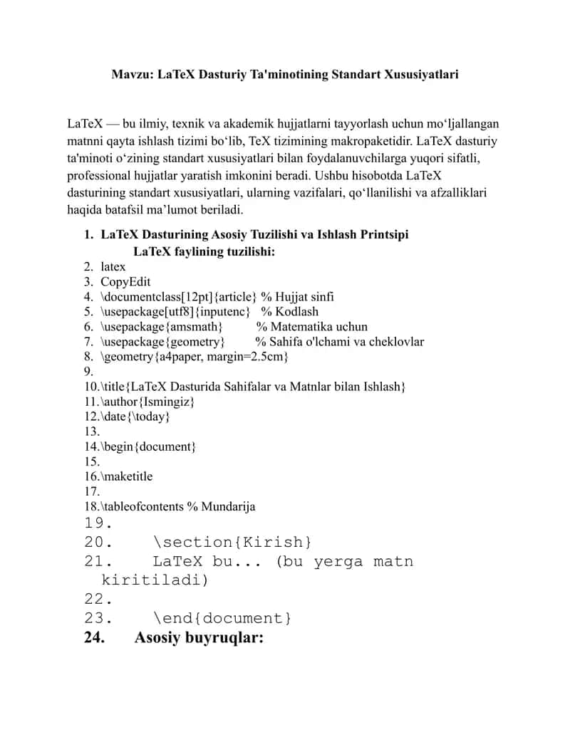 LaTeX Dasturiy Ta'minotining Standart Xususiyatlari
