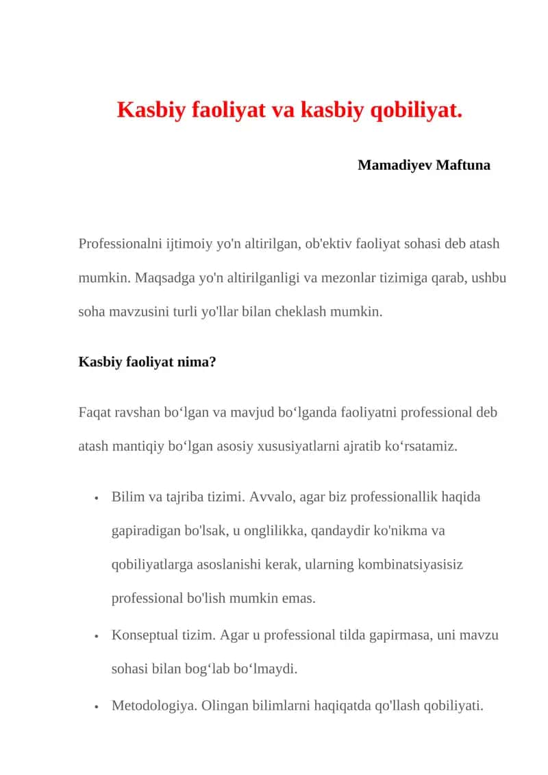 Kasbiy faoliyat va kasbiy qobiliyat