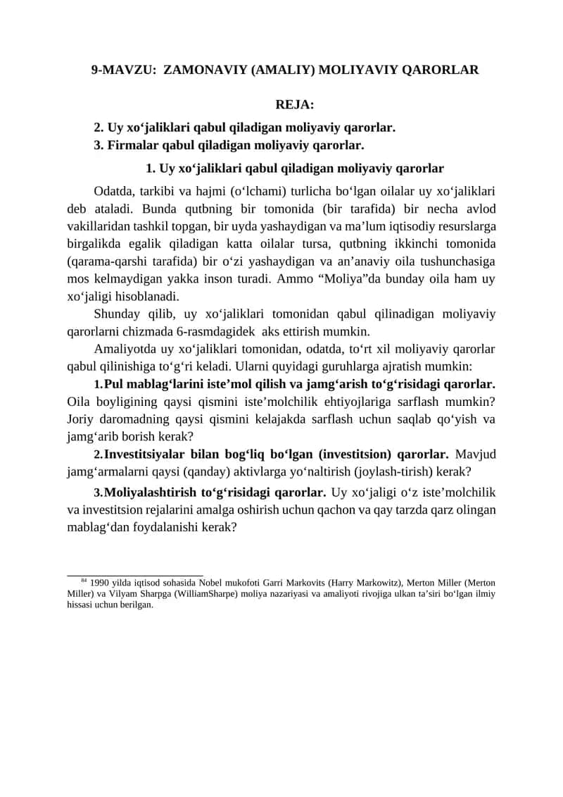 ZAMONAVIY MOLIYAVIY QARORLAR