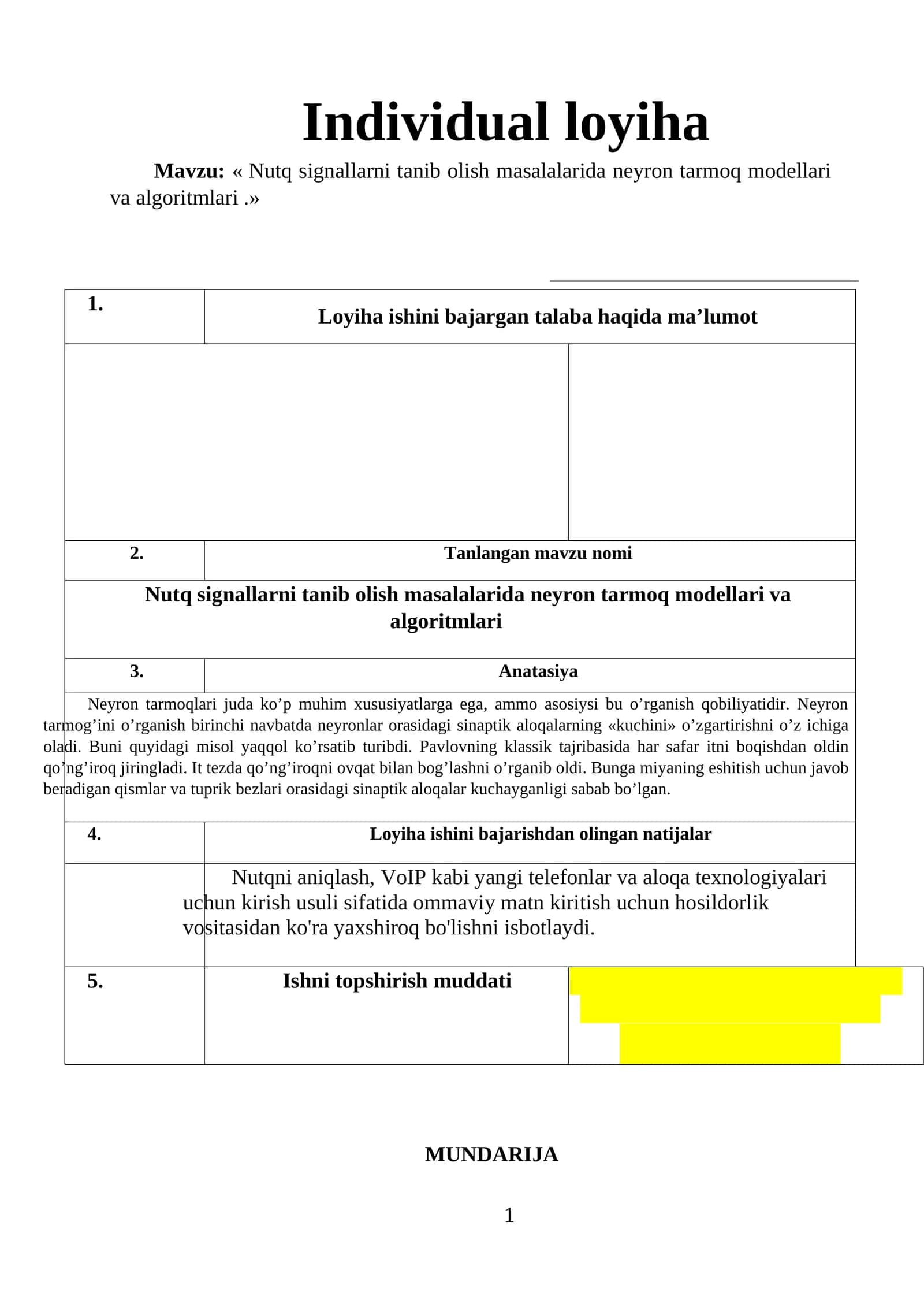 Nutq signallarni tanib olish masalalarida neyron tarmoq modellari va algoritmlari