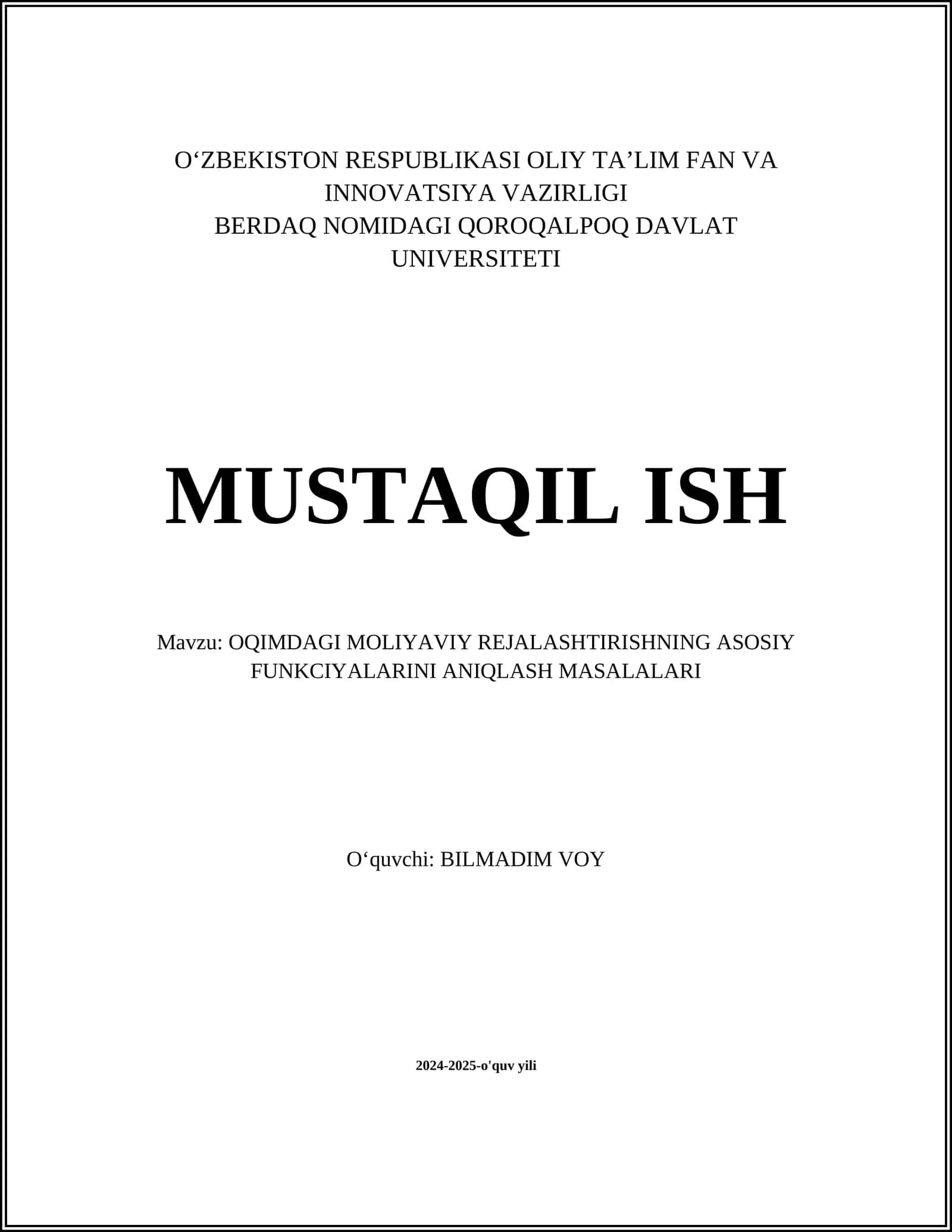 OQIMDAGI MOLIYAVIY REJALASHTIRISHNING ASOSIY FUNKCIYALARINI ANIQLASH MASALALARI