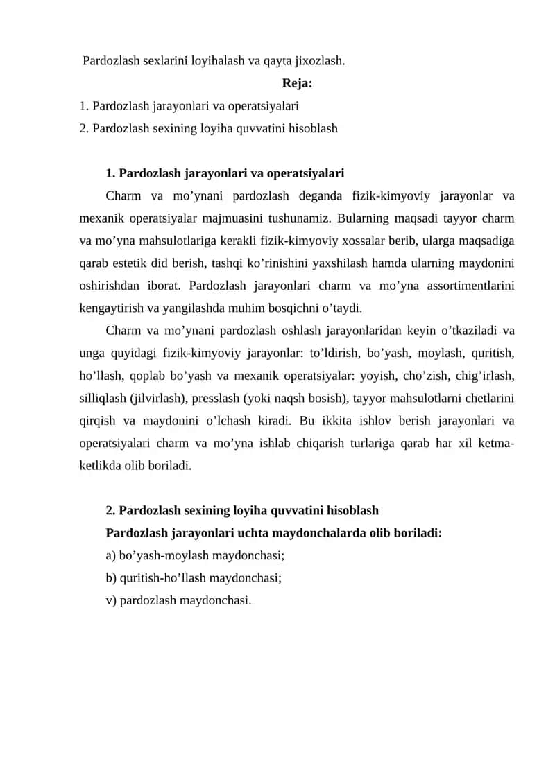 Pardozlash sexlarini loyihalash va qayta jixozlash