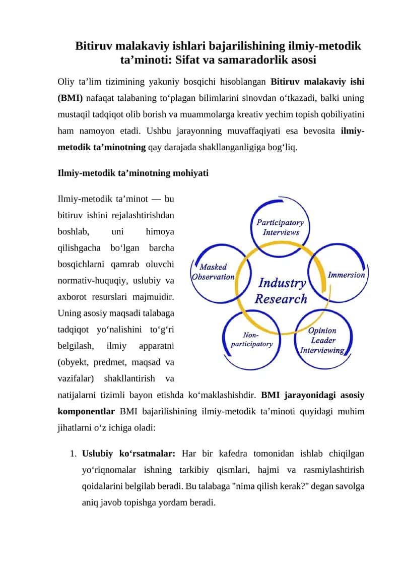Bitiruv malakaviy ishlari bajarilishining ilmiy-metodik ta’minoti