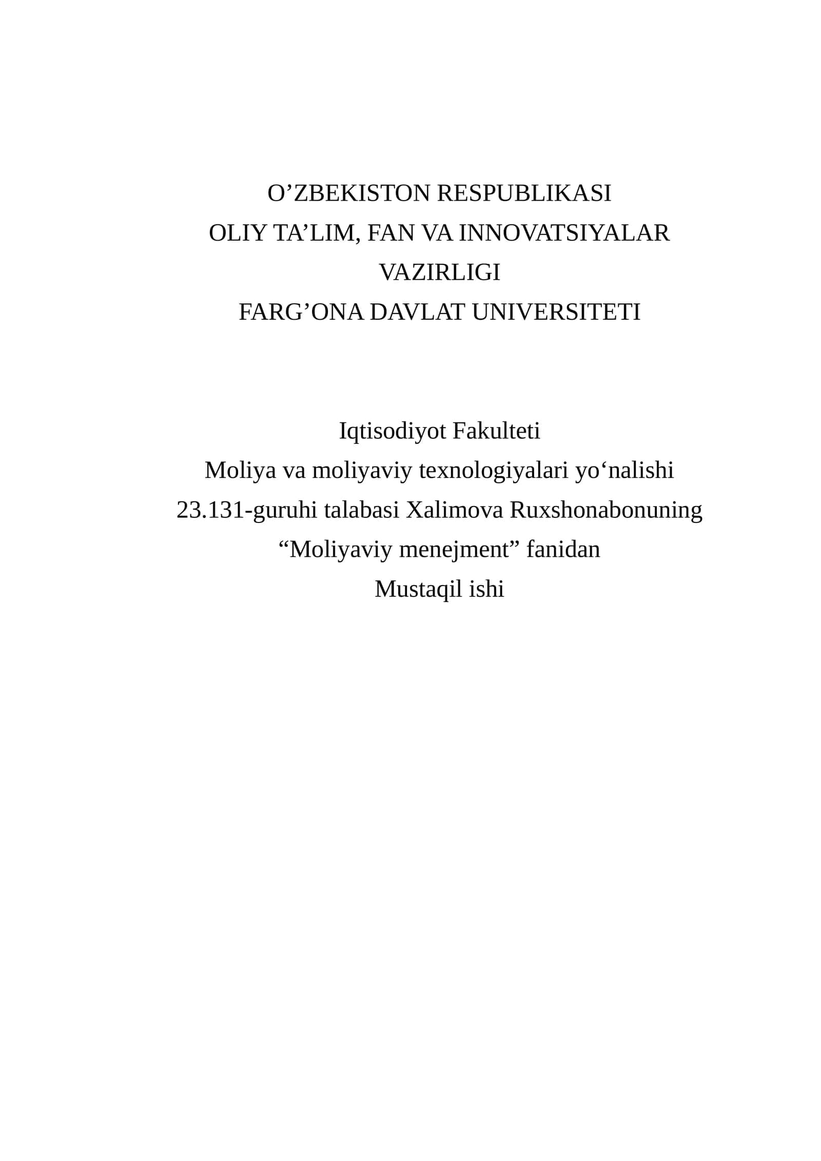 Mustaqil ish: Moliyaviy Menejment pt.I