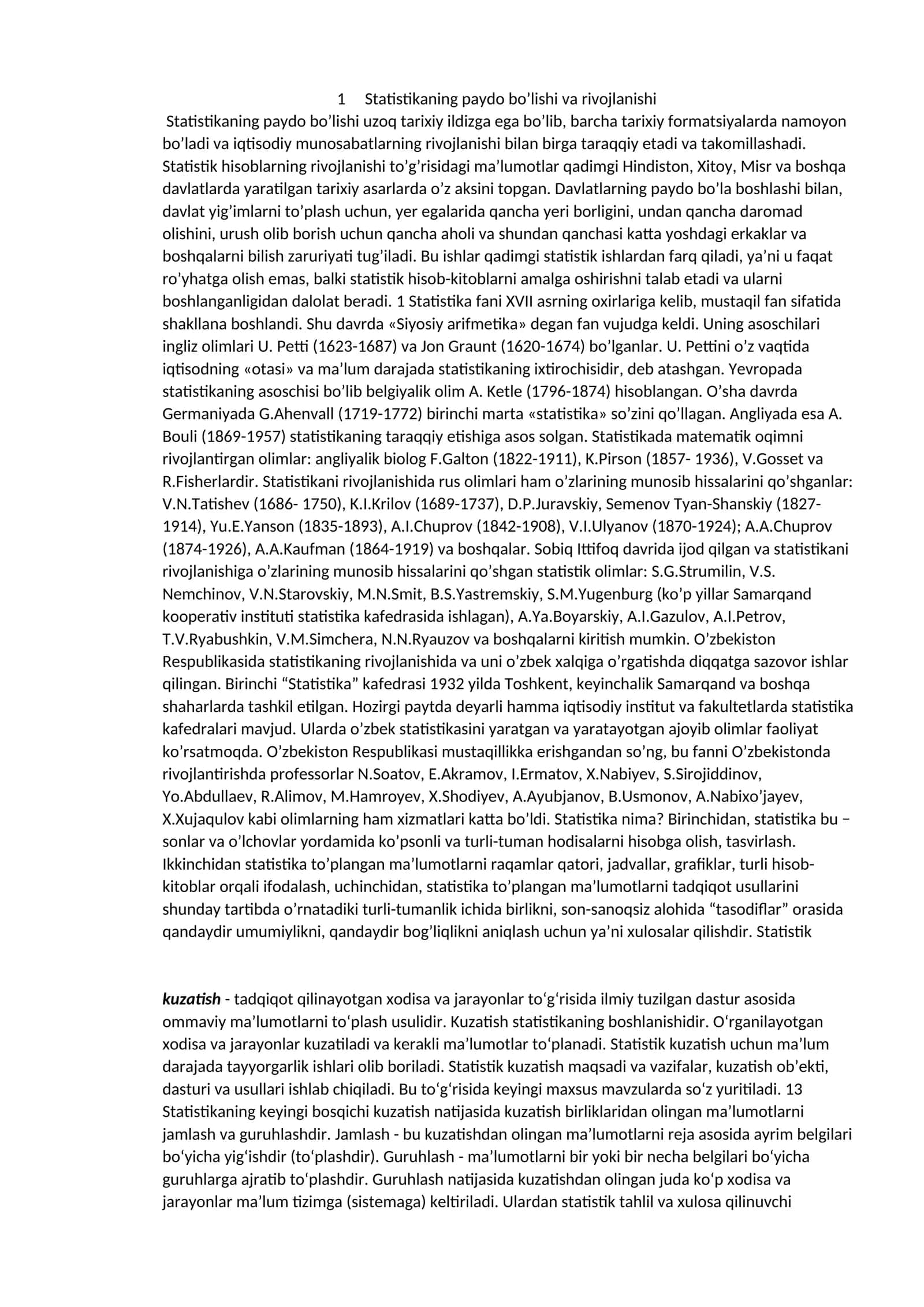 Statistika fanining tarixiy rivojlanishi va mazmuni