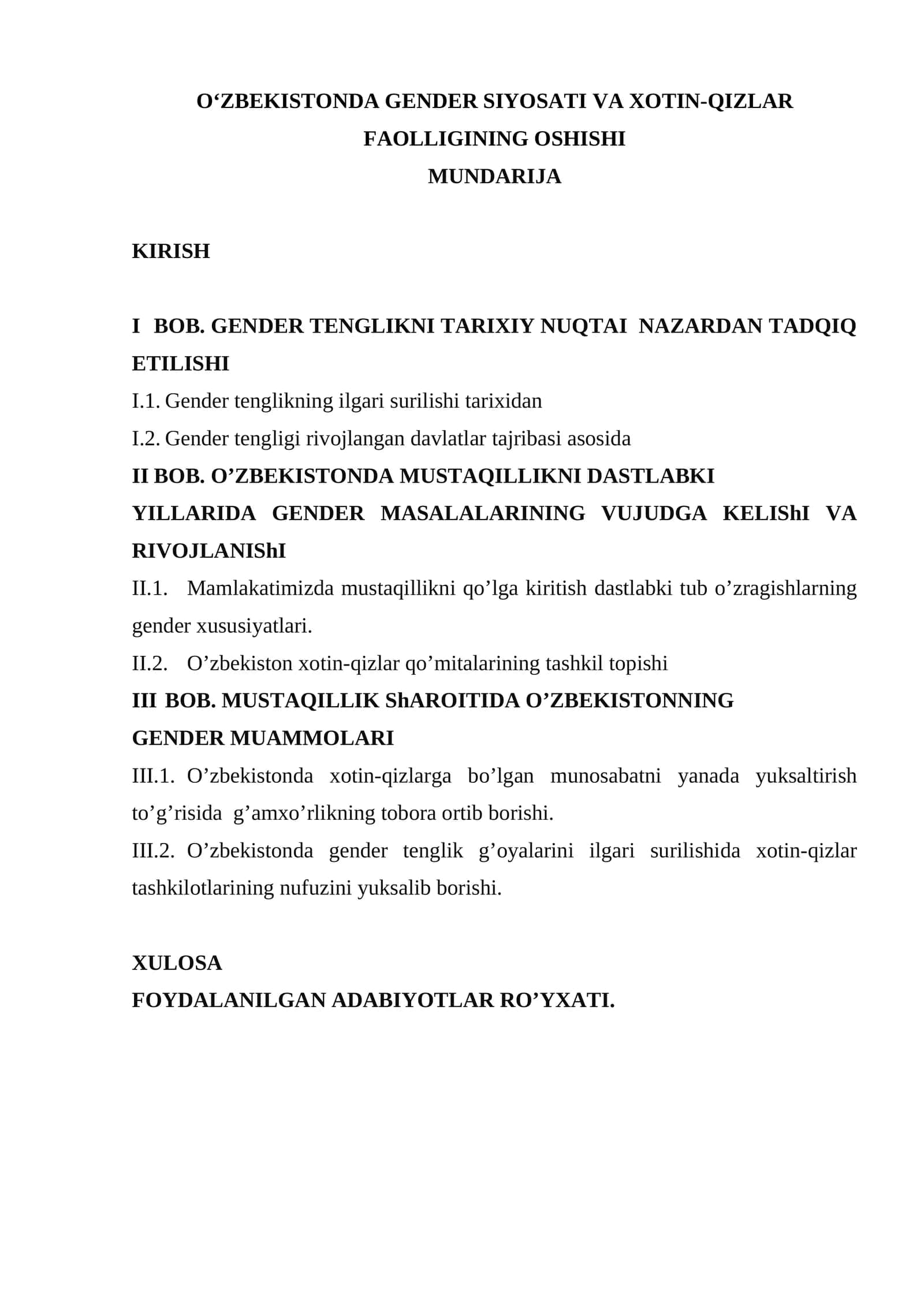 O‘ZBEKISTONDA GENDER SIYOSATI VA XOTIN-QIZLAR FAOLLIGINING OSHISHI