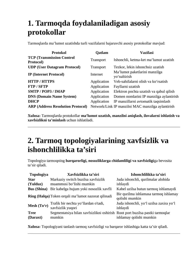 Tarmoqda foydalaniladigan asosiy protokollar