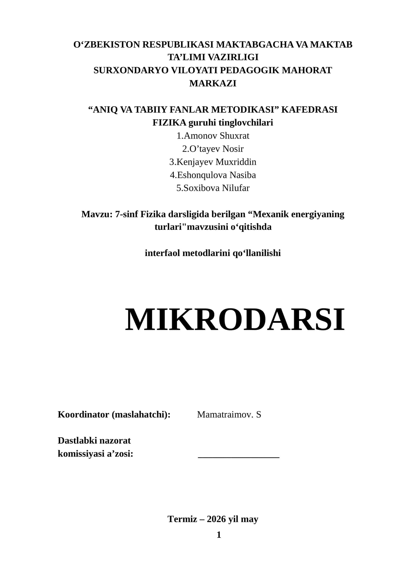 Mexanik energiyaning turlari