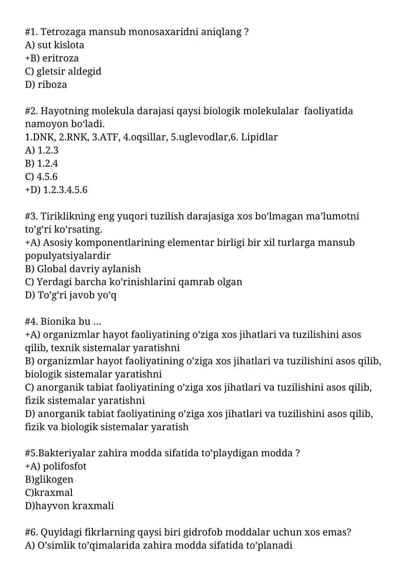 Biologiyadan test savollari