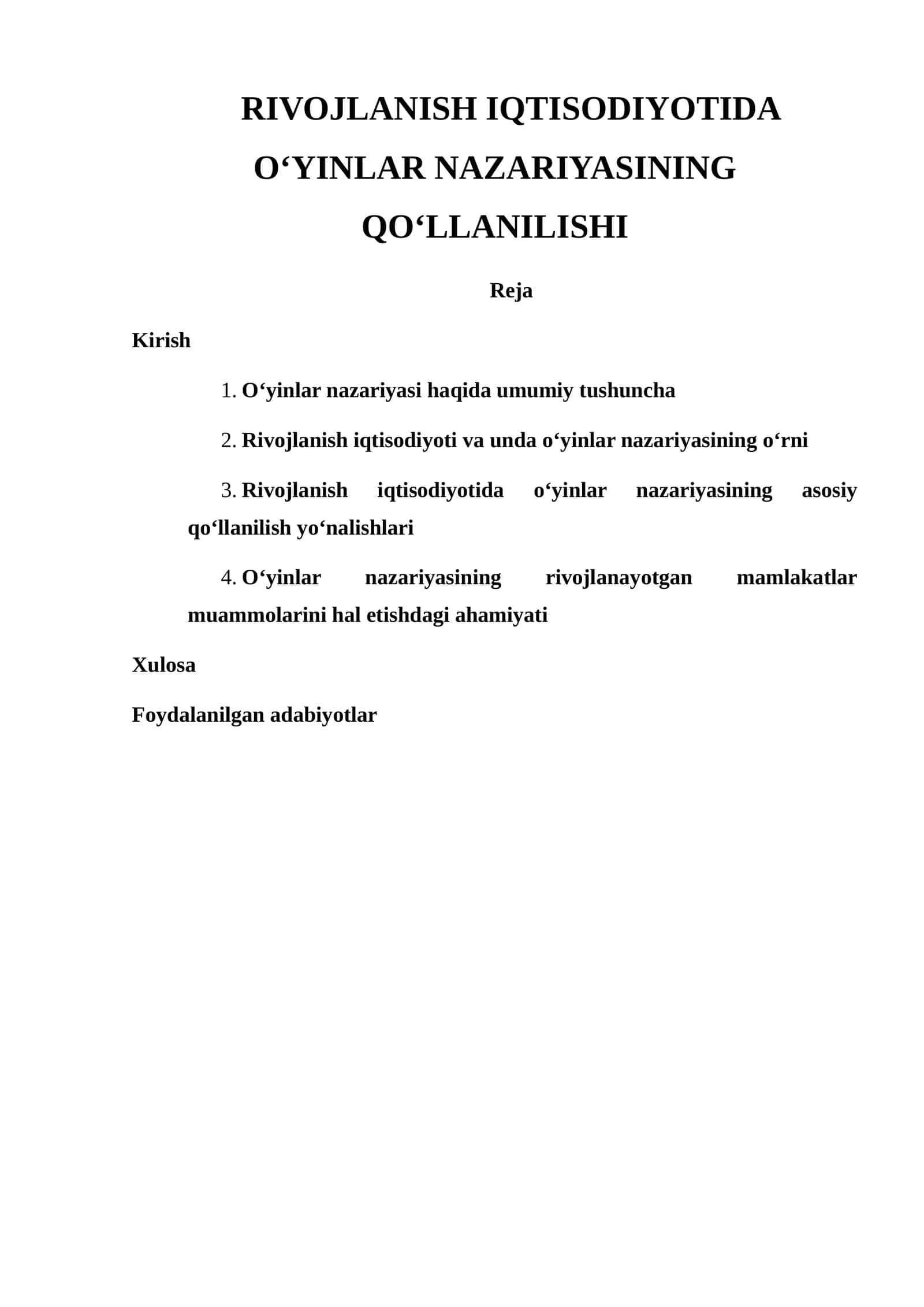 RIVOJLANISH IQTISODIYOTIDA O‘YINLAR NAZARIYASINING QO‘LLANILISHI