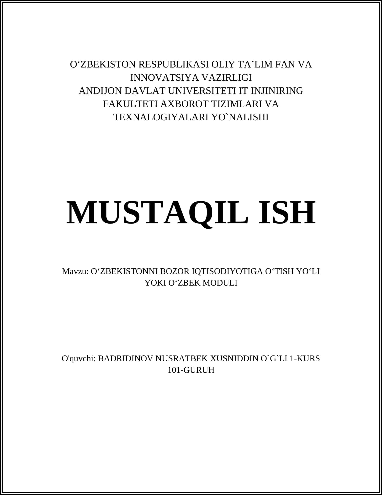 OʻZBEKISTONNI BOZOR IQTISODIYOTIGA OʻTISH YOʻLI YOKI OʻZBEK MODULI