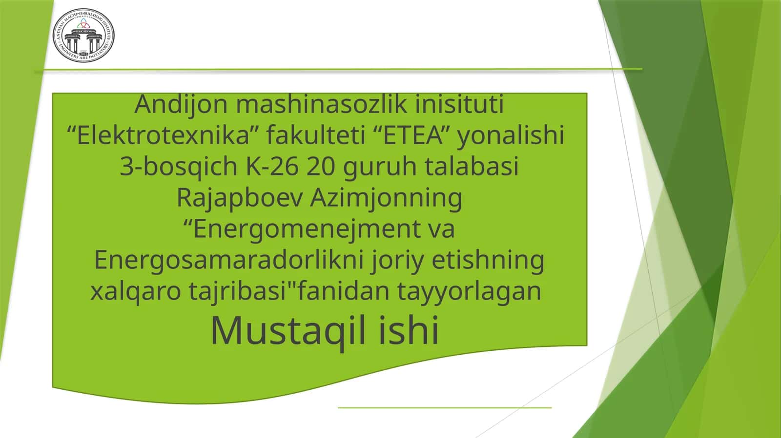 Past quvvatli senxron dvigatelining energiya tejamkorligini tadqiq qilish