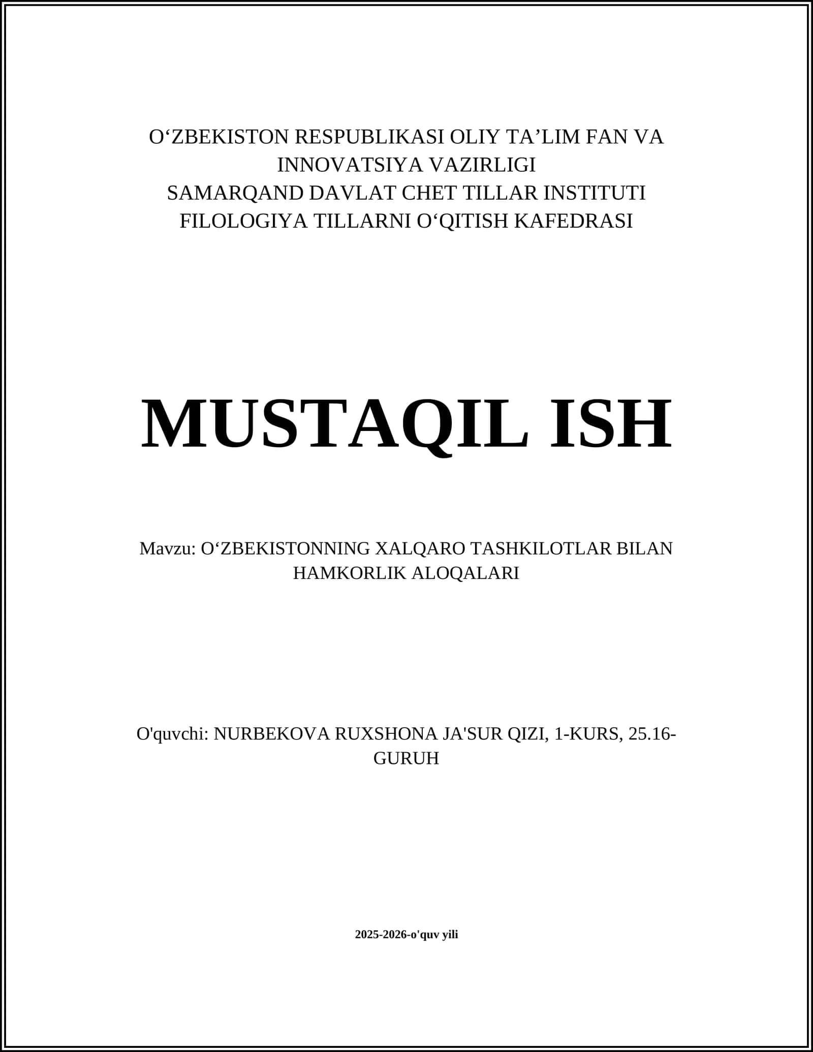 OʻZBEKISTONNING XALQARO TASHKILOTLAR BILAN HAMKORLIK ALOQALARI