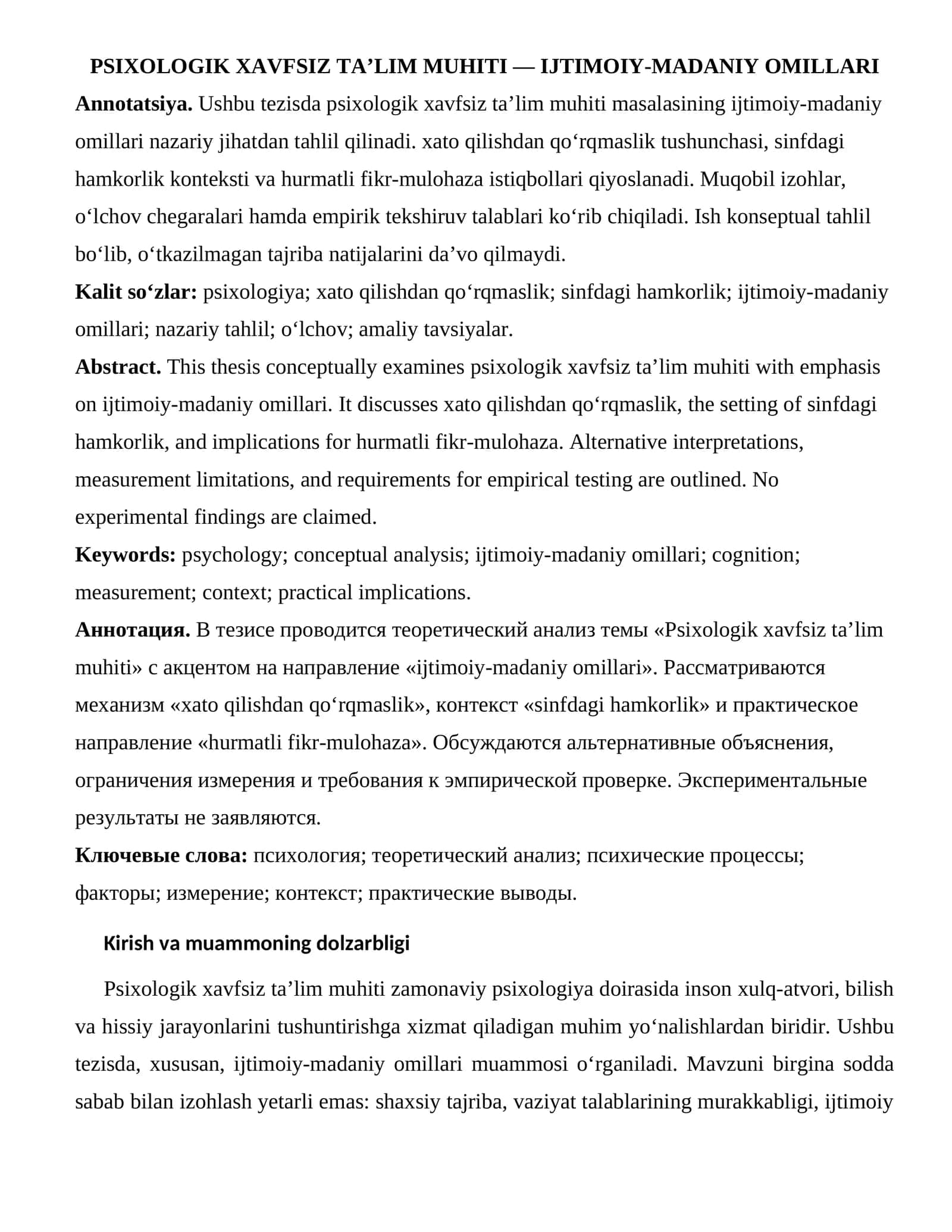 PSIXOLOGIK XAVFSIZ TA’LIM MUHITI — IJTIMOIY-MADANIY OMILLARI