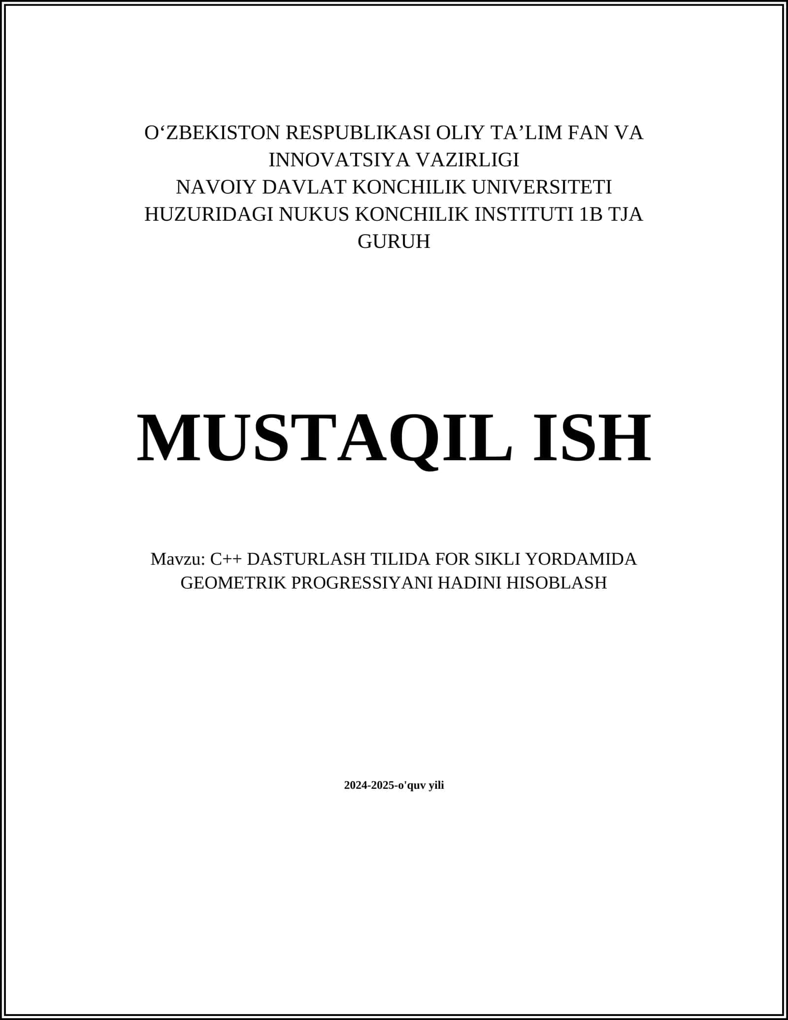C++ DASTURLASH TILIDA FOR SIKLI YORDAMIDA GEOMETRIK PROGRESSIYANI HADINI HISOBLASH