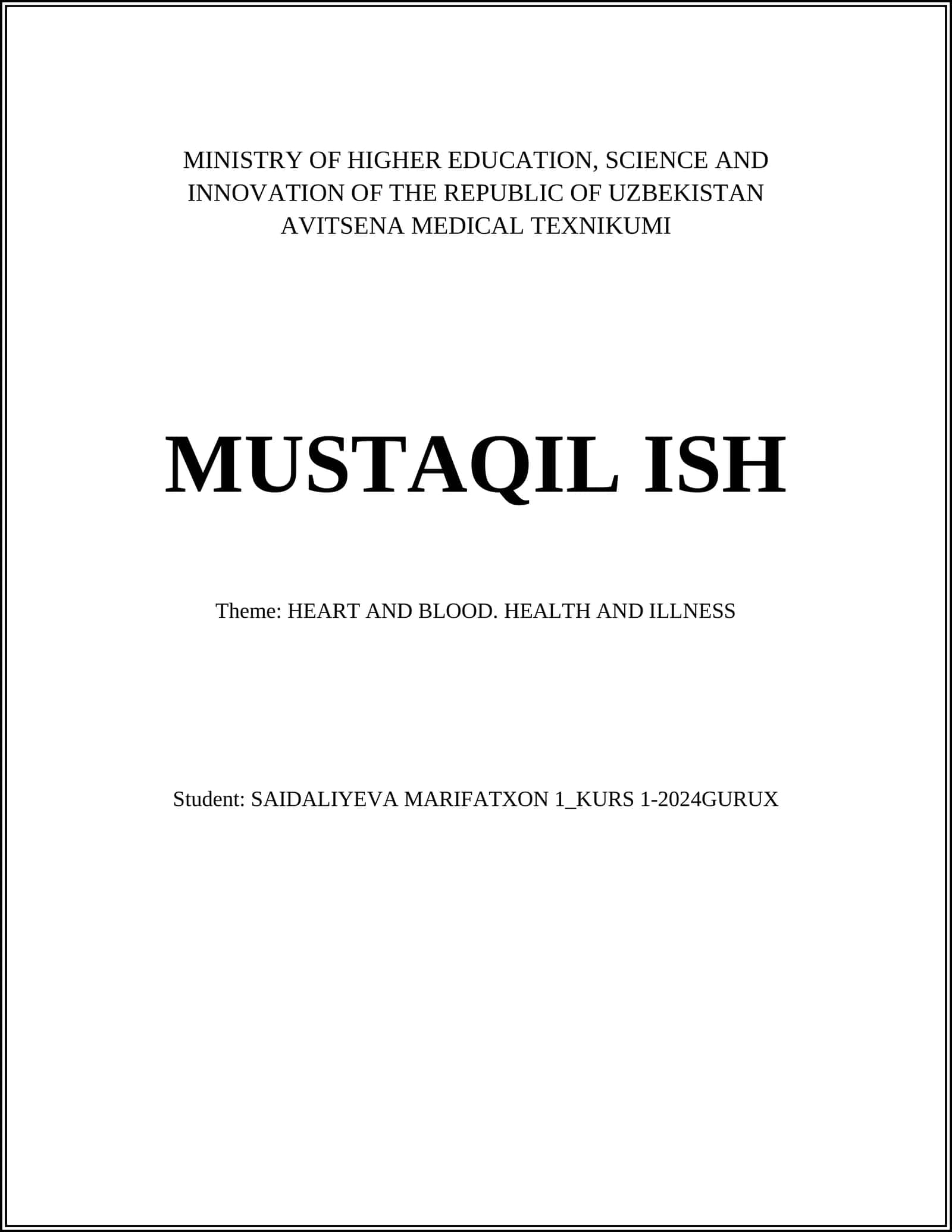 AVITSENA MEDICAL TEXNIKUMI MUSTAQIL ISH
