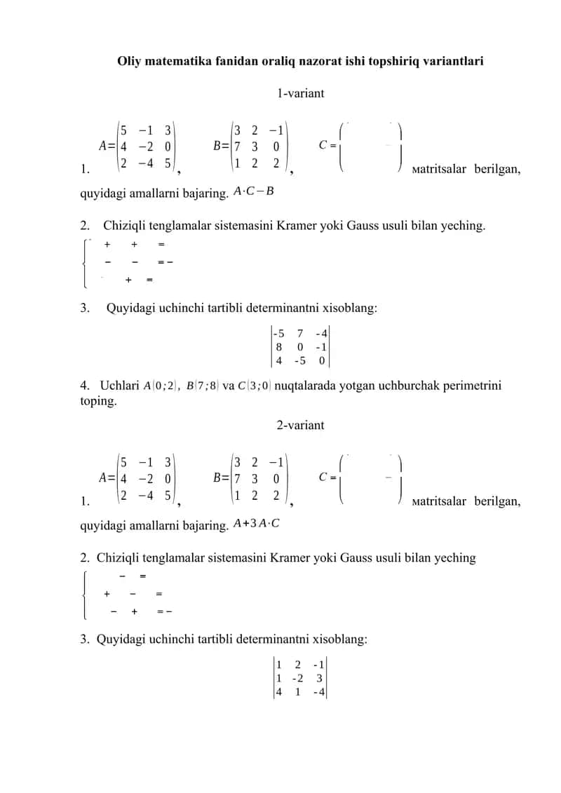 Oliy matematika fanidan oraliq nazorat ishi topshiriq variantlari