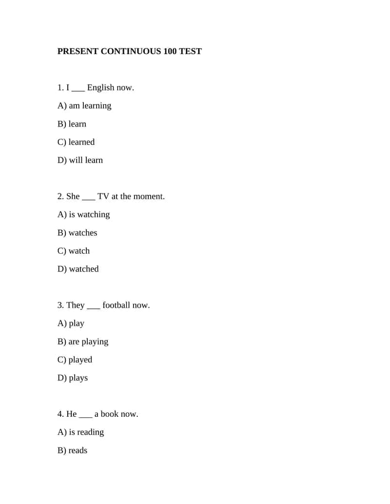 PRESENT CONTINUOUS 100 TEST