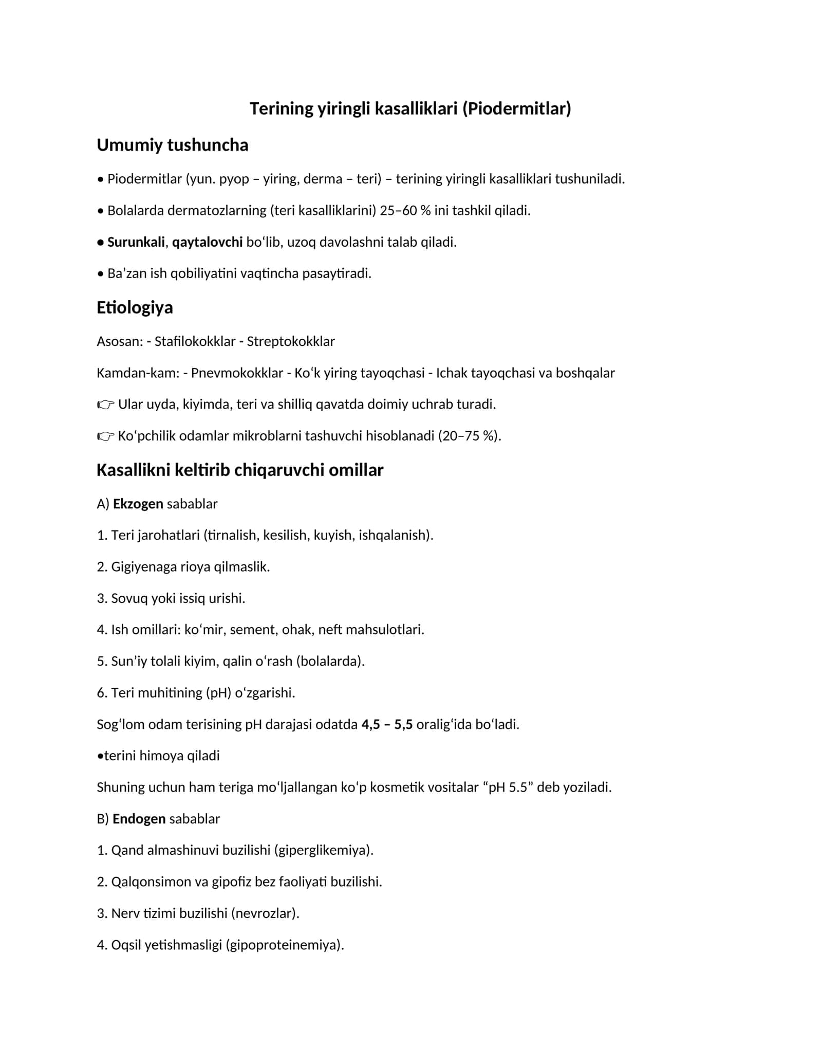 Terining yiringli kasalliklari (Piodermitlar)