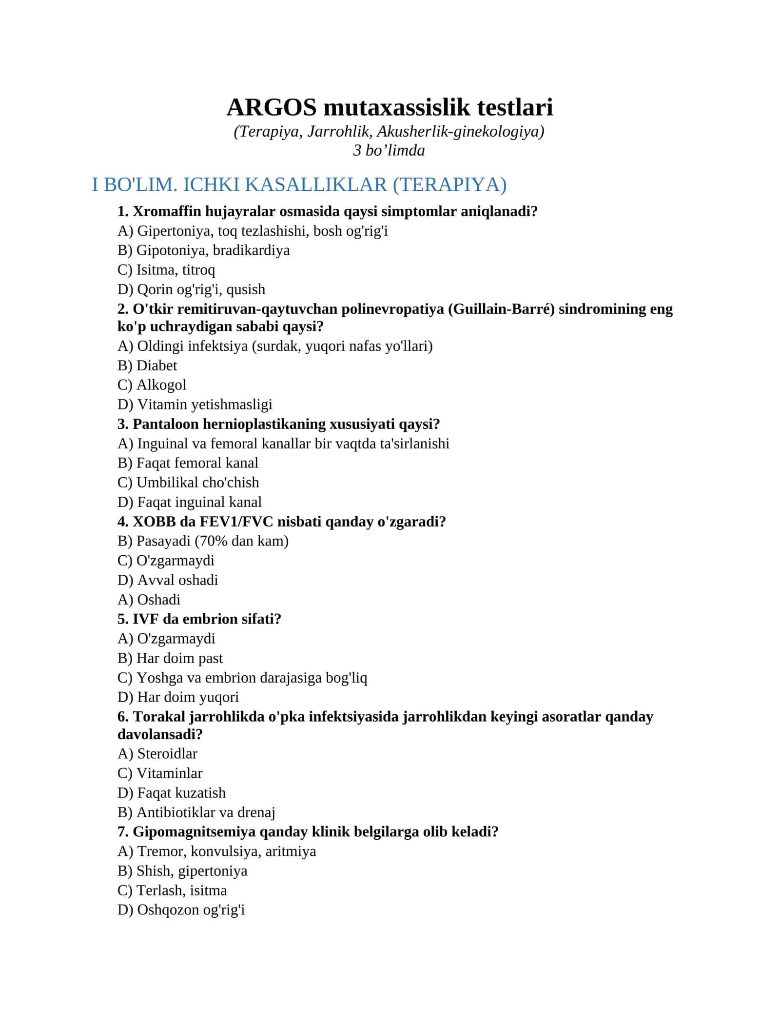 ARGOS mutaxassislik testlari