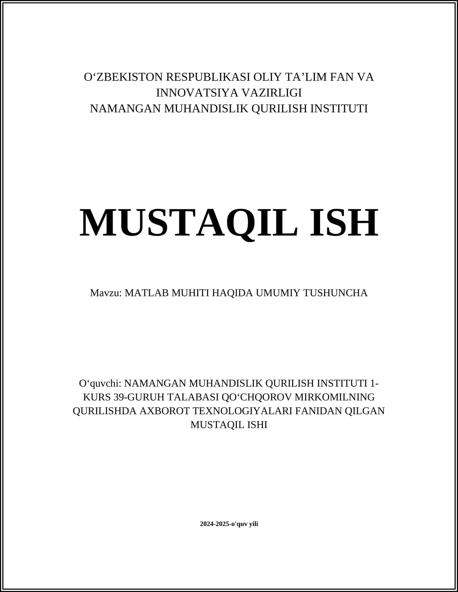 MATLAB MUHITI HAQIDA UMUMIY TUSHUNCHA