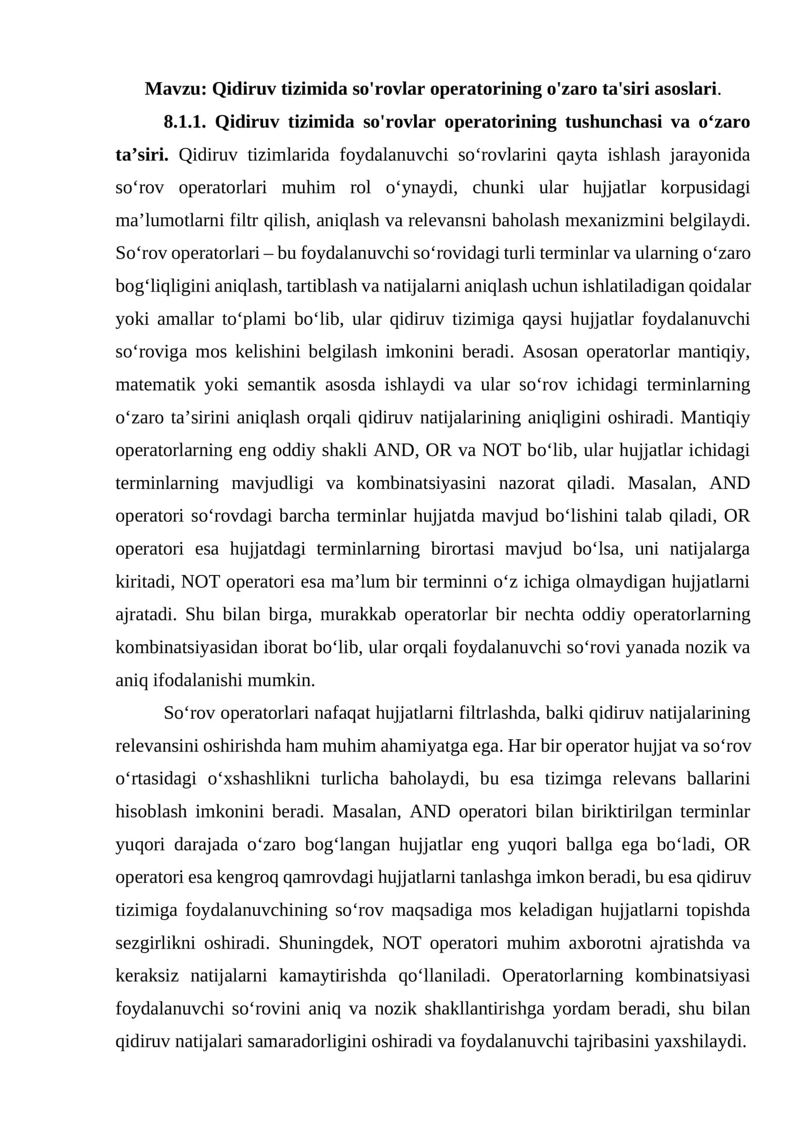 Qidiruv tizimida so'rovlar operatorining o'zaro ta'siri asoslari