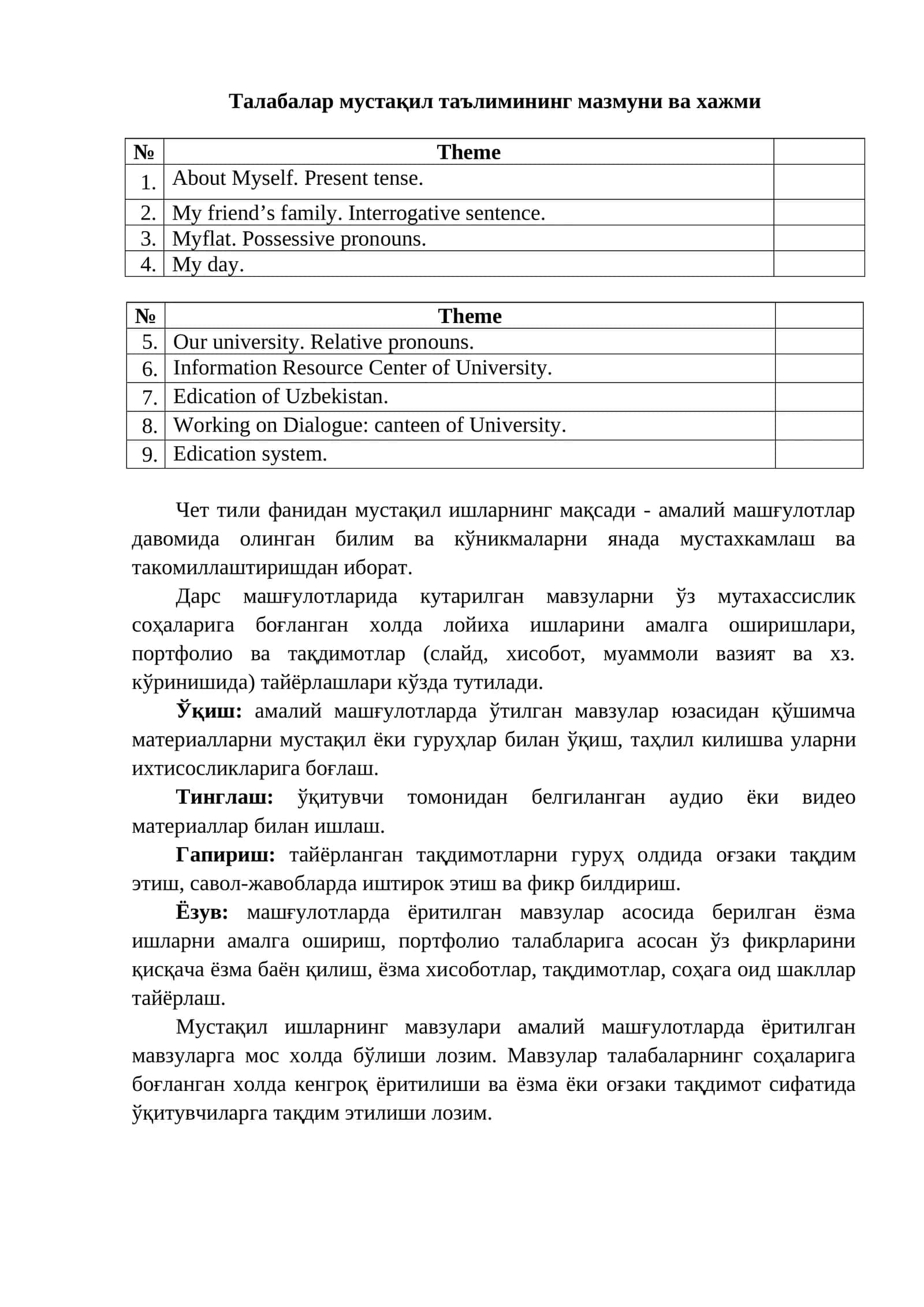 Талабалар мустақил таълимининг мазмуни ва хажми