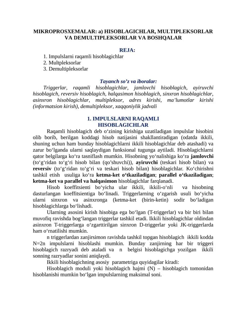 MIKROPROSXEMALAR: a) HISOBLAGICHLAR, MULTIPLEKSORLAR VA DEMULTIPLEKSORLAR VA BOSHQALAR