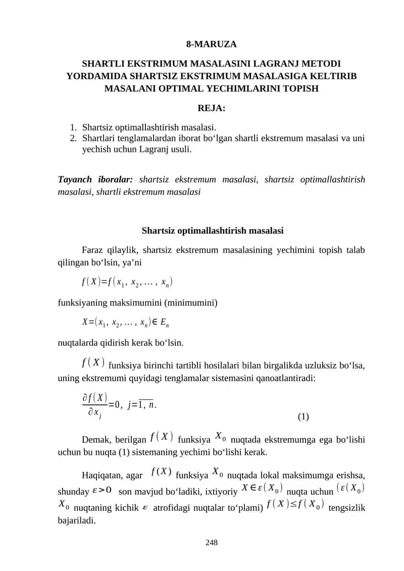 SHARTLI EKSTRIMUM MASALASINI LAGRANJ METODI YORDAMIDA SHARTSIZ EKSTRIMUM MASALASIGA KELTIRIB MASALANI OPTIMAL YECHIMLARINI TOPISH