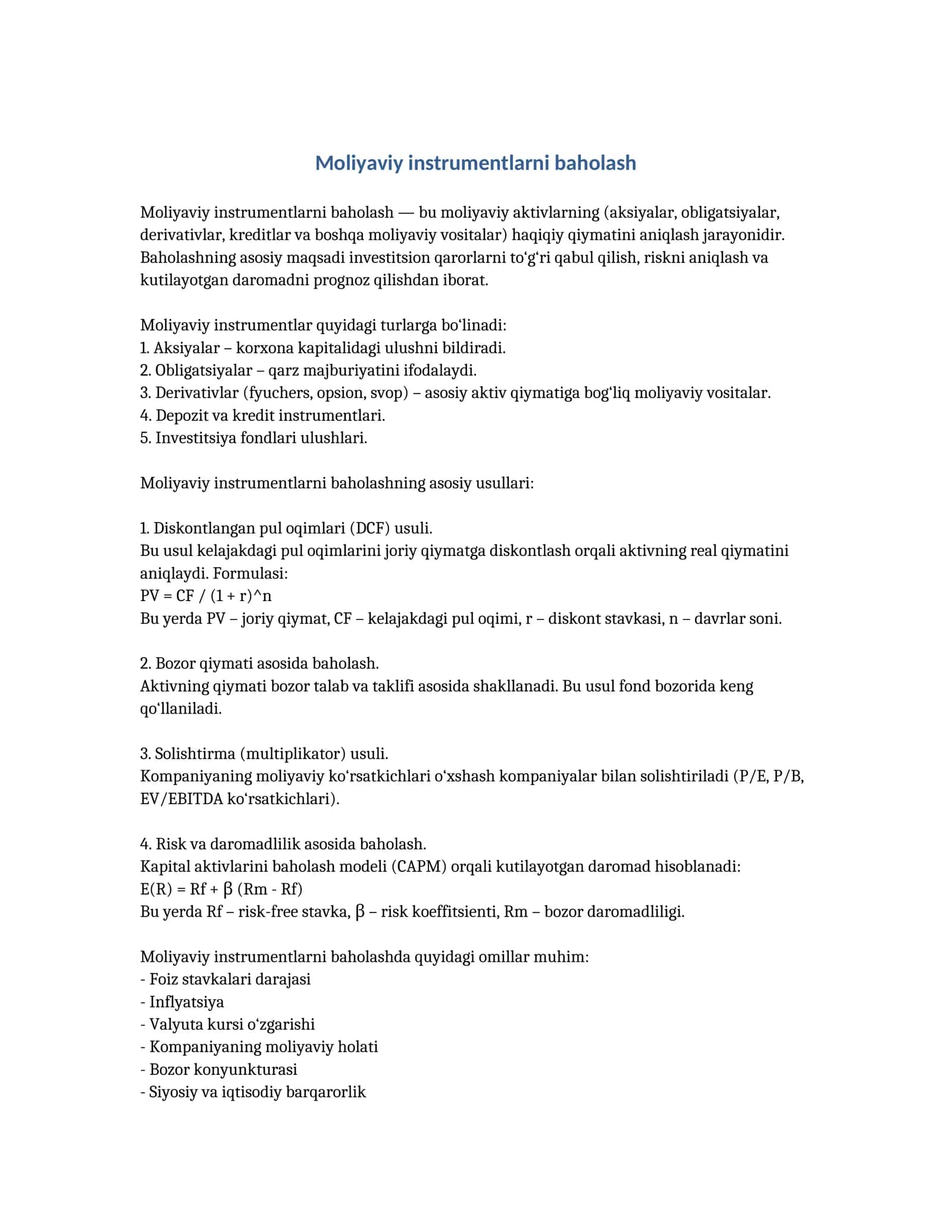 Moliyaviy instrumentlarni baholash