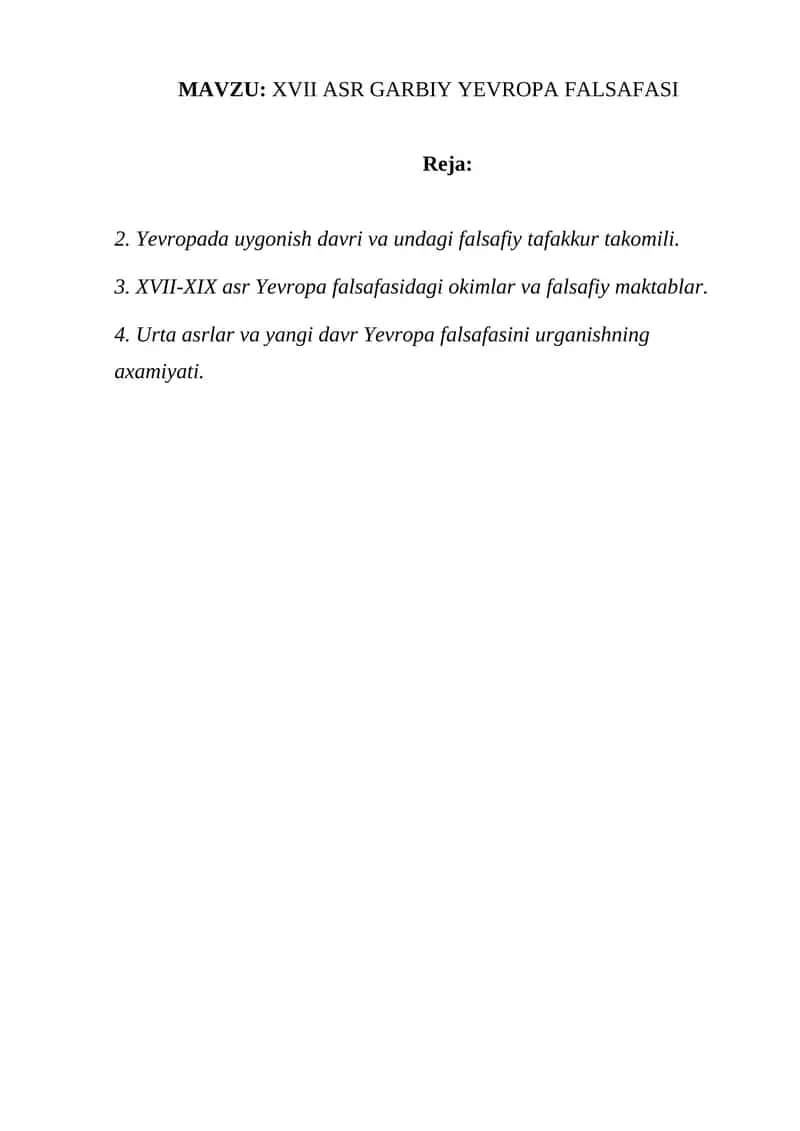 XVII ASR GARBIY YEVROPA FALSAFASI