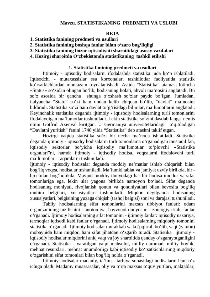 STATISTIKANING PREDMETI VA USLUBI