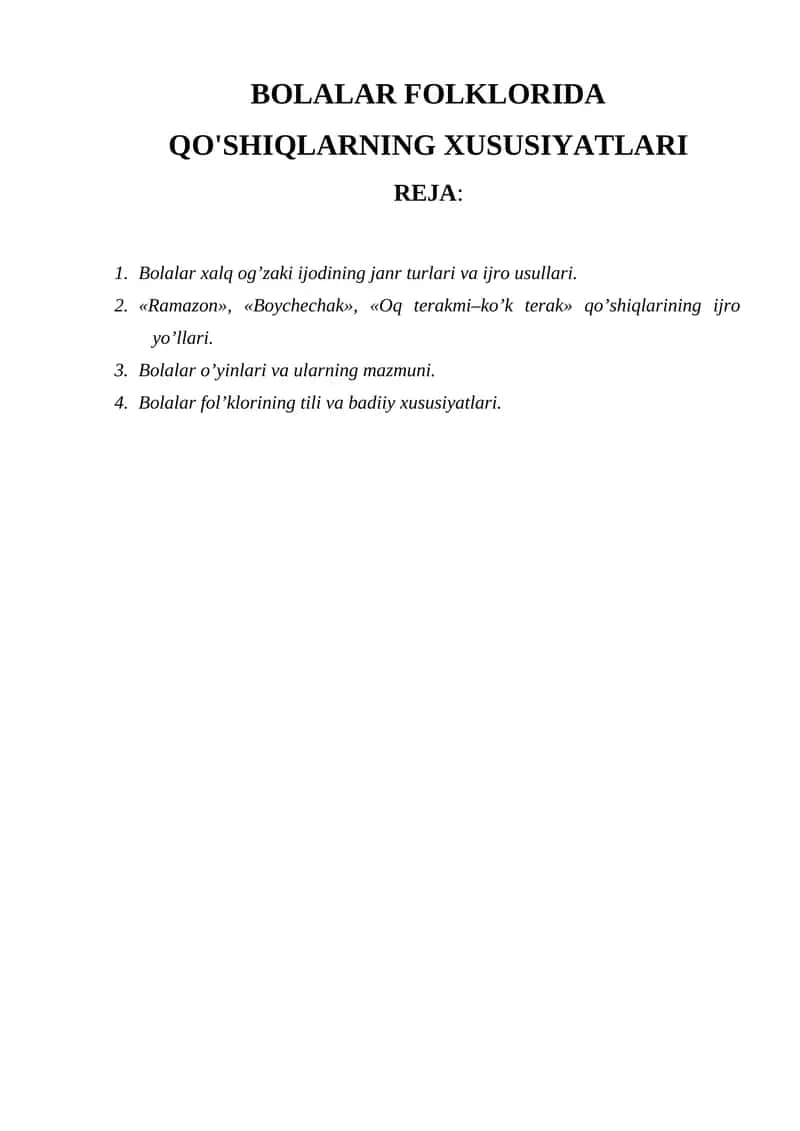 Bolalar Folklorida Qo'shiqlarning Xususiyatlari