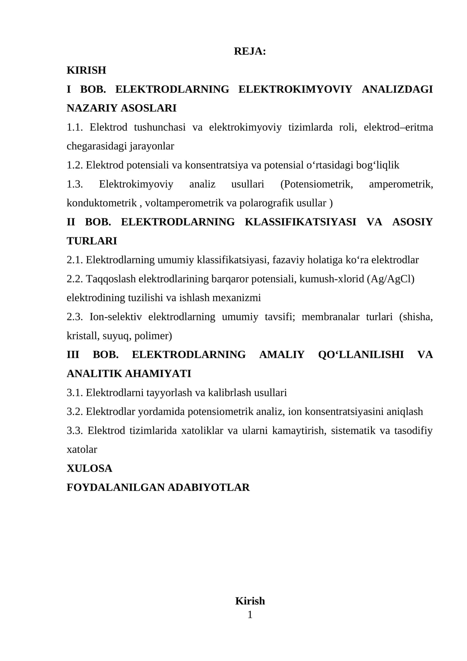 ELEKTRODLARNING ELEKTROKIMYOVIY ANALIZDAGI NAZARIY ASOSLARI