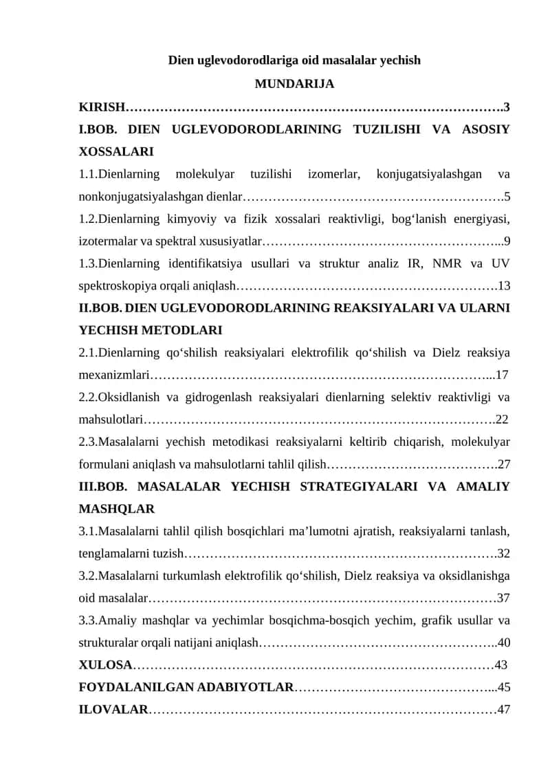 Dien uglevodorodlariga oid masalalar yechish