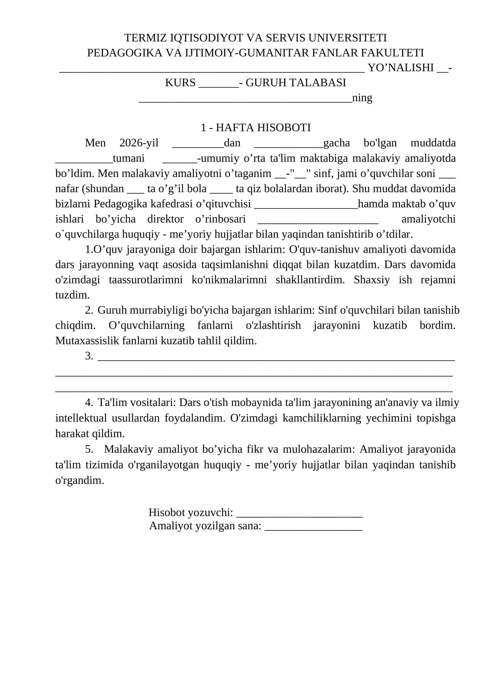 amaliyot hisoboti 4 haftalik boshlangich ta’lim