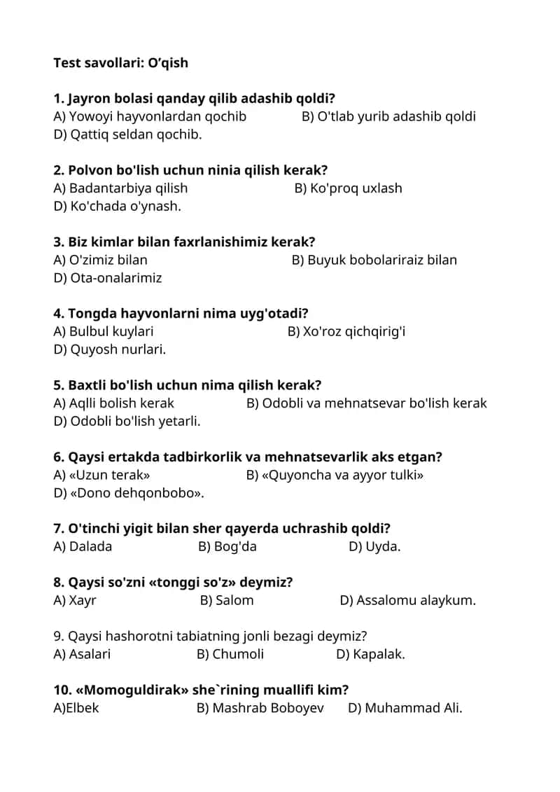 Test savollari: O’qish
