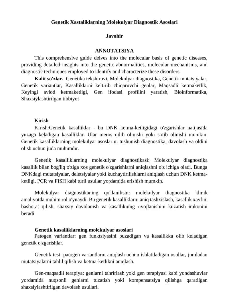 Genetik Xastaliklarning Molekulyar Diagnostik Asoslari